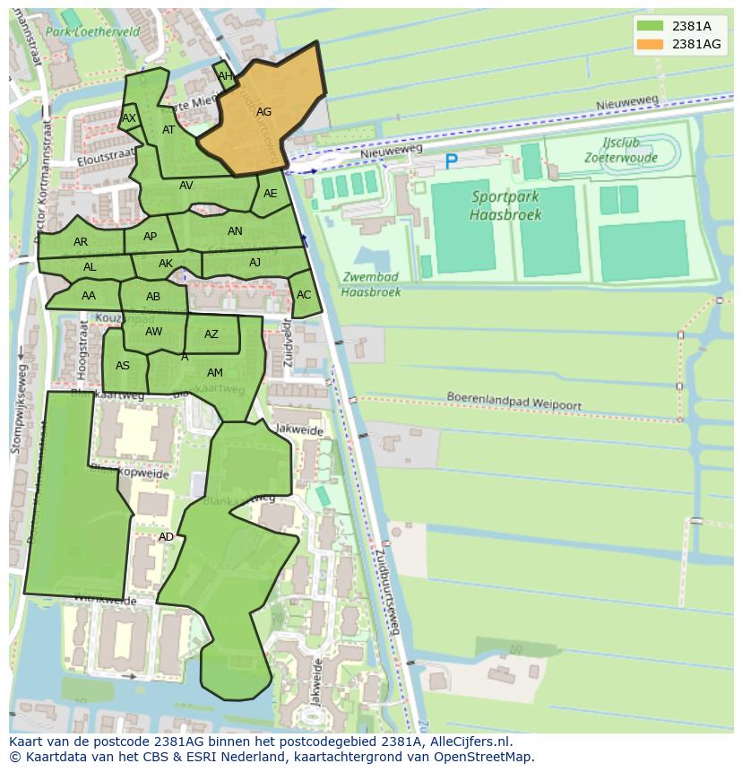 Afbeelding van het postcodegebied 2381 AG op de kaart.