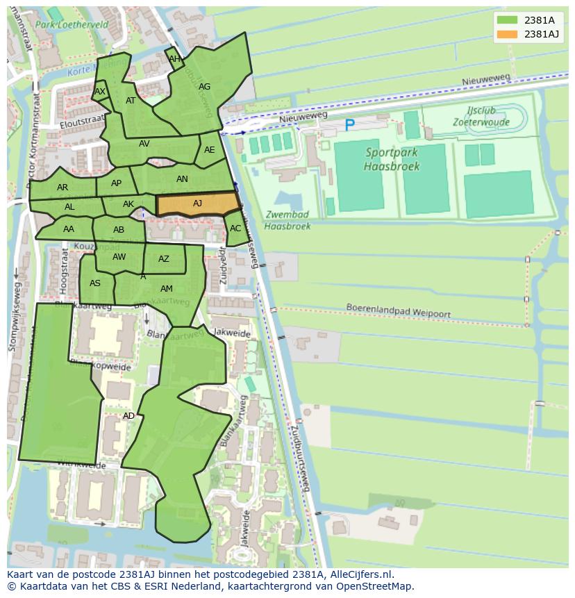Afbeelding van het postcodegebied 2381 AJ op de kaart.