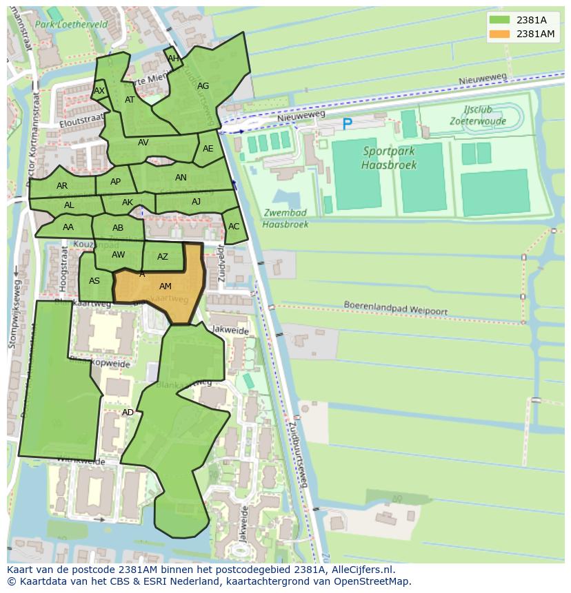 Afbeelding van het postcodegebied 2381 AM op de kaart.