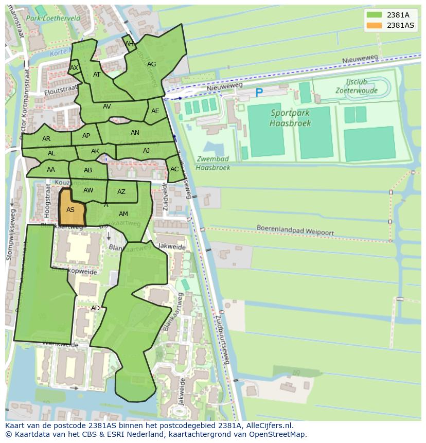Afbeelding van het postcodegebied 2381 AS op de kaart.