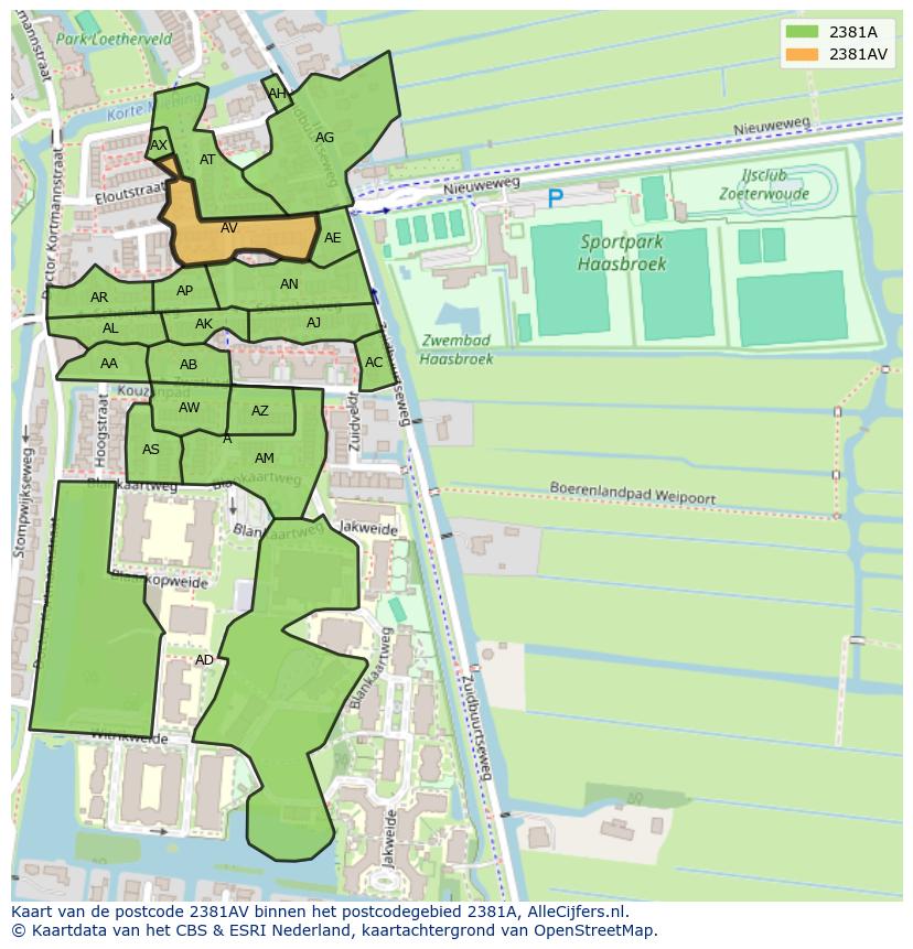 Afbeelding van het postcodegebied 2381 AV op de kaart.