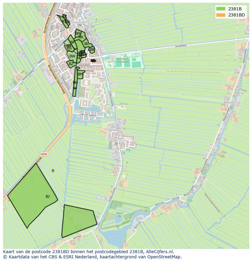 Afbeelding van het postcodegebied 2381 BD op de kaart.