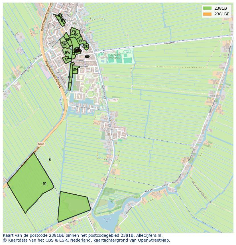 Afbeelding van het postcodegebied 2381 BE op de kaart.