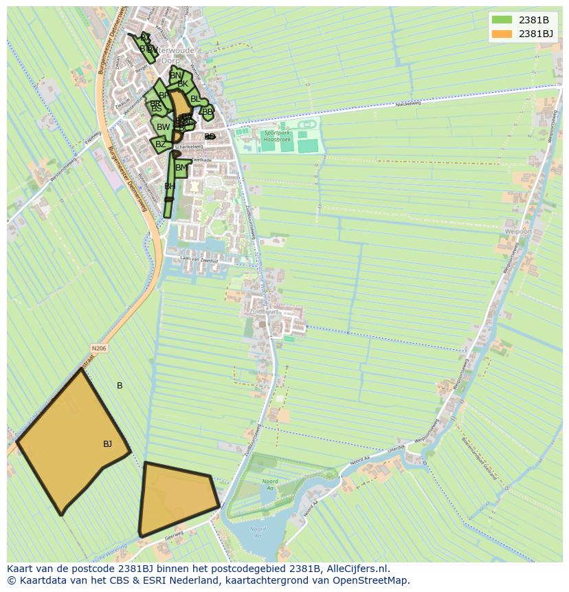 Afbeelding van het postcodegebied 2381 BJ op de kaart.