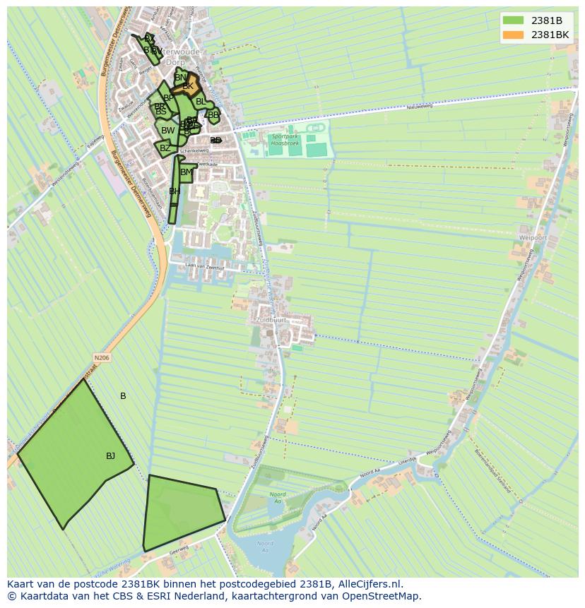 Afbeelding van het postcodegebied 2381 BK op de kaart.