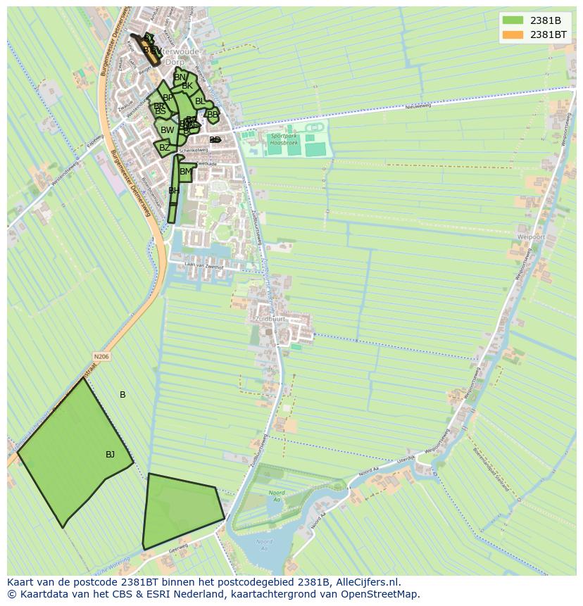Afbeelding van het postcodegebied 2381 BT op de kaart.
