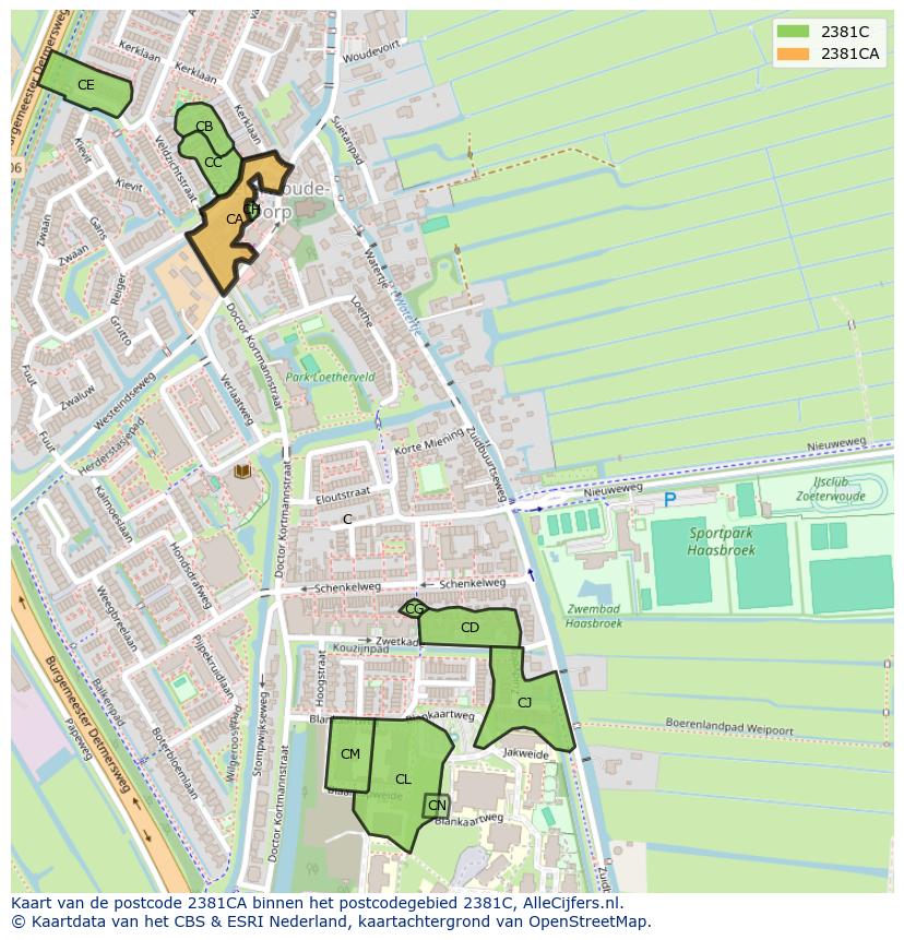 Afbeelding van het postcodegebied 2381 CA op de kaart.