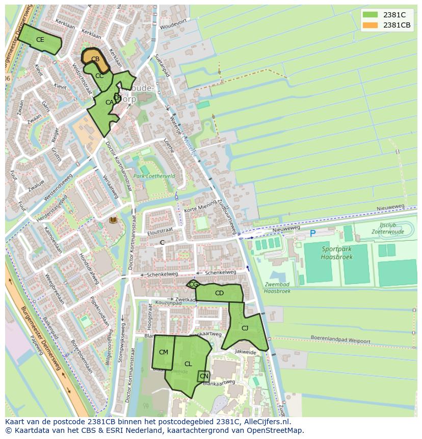 Afbeelding van het postcodegebied 2381 CB op de kaart.
