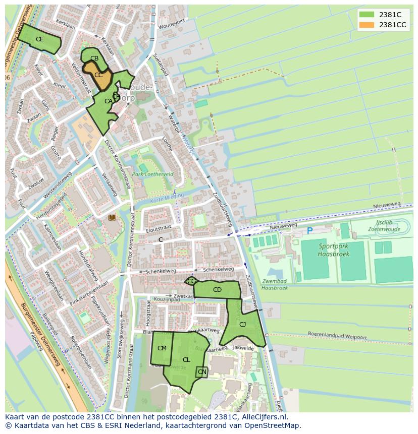 Afbeelding van het postcodegebied 2381 CC op de kaart.