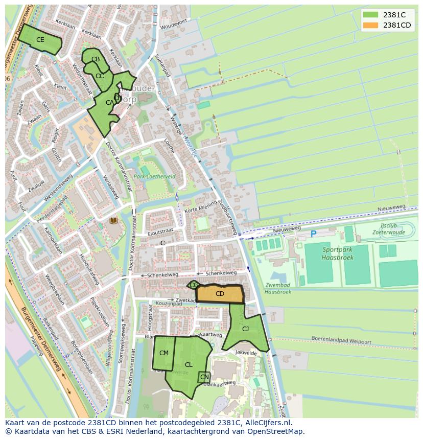 Afbeelding van het postcodegebied 2381 CD op de kaart.