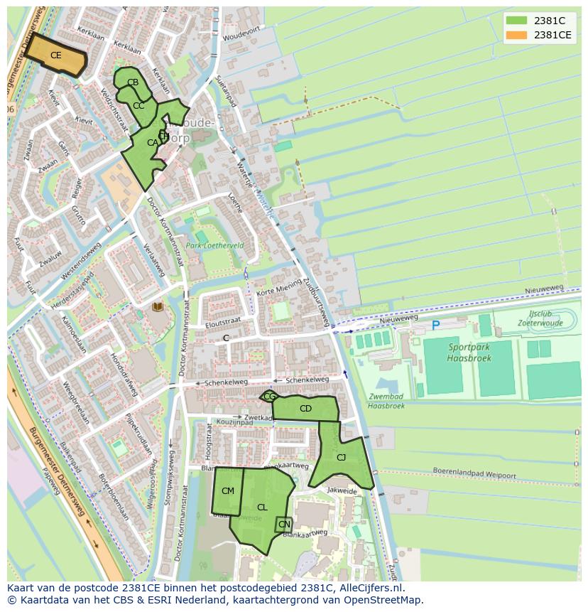 Afbeelding van het postcodegebied 2381 CE op de kaart.