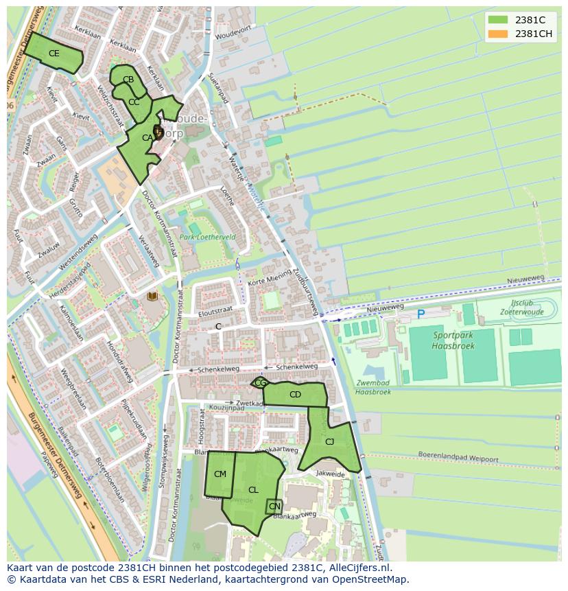 Afbeelding van het postcodegebied 2381 CH op de kaart.