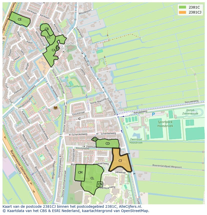 Afbeelding van het postcodegebied 2381 CJ op de kaart.