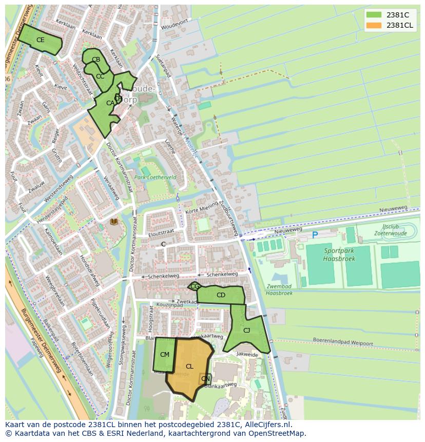 Afbeelding van het postcodegebied 2381 CL op de kaart.