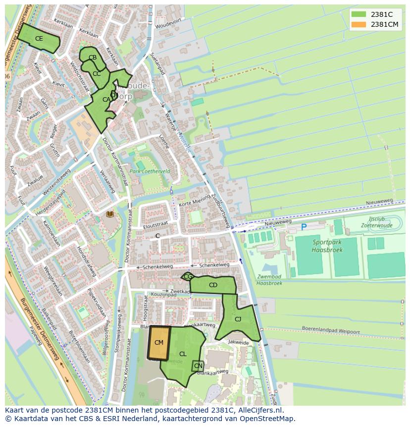 Afbeelding van het postcodegebied 2381 CM op de kaart.