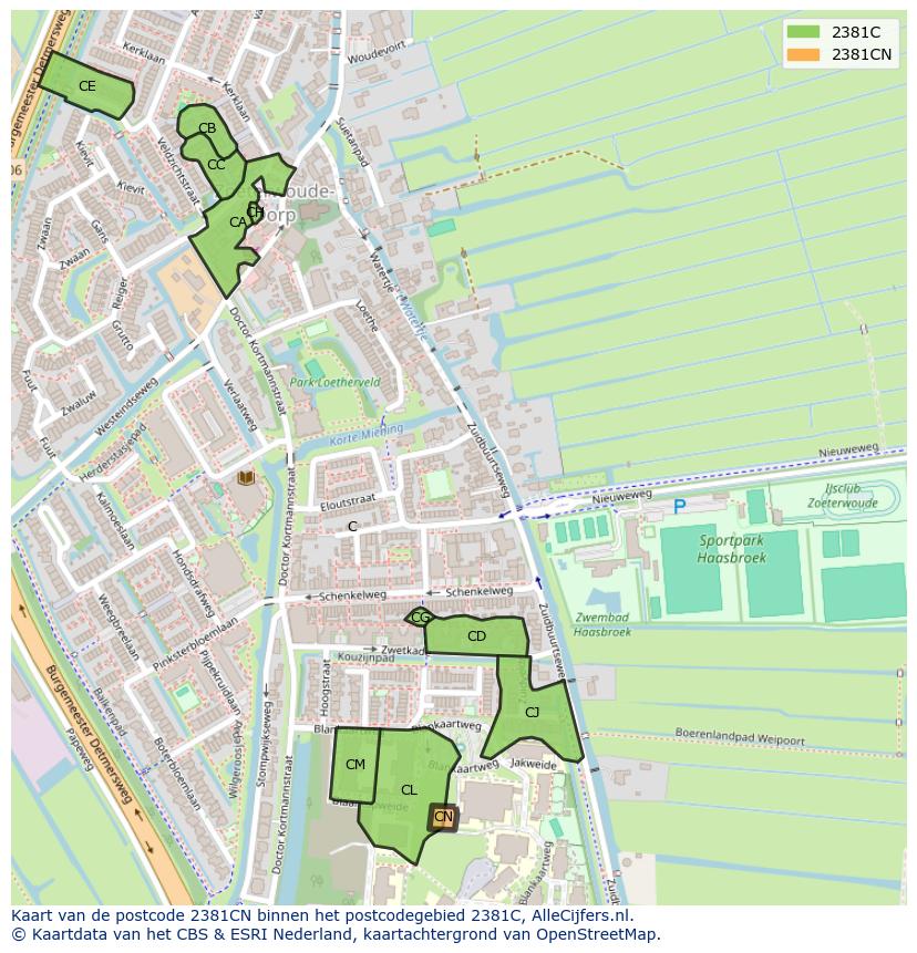 Afbeelding van het postcodegebied 2381 CN op de kaart.