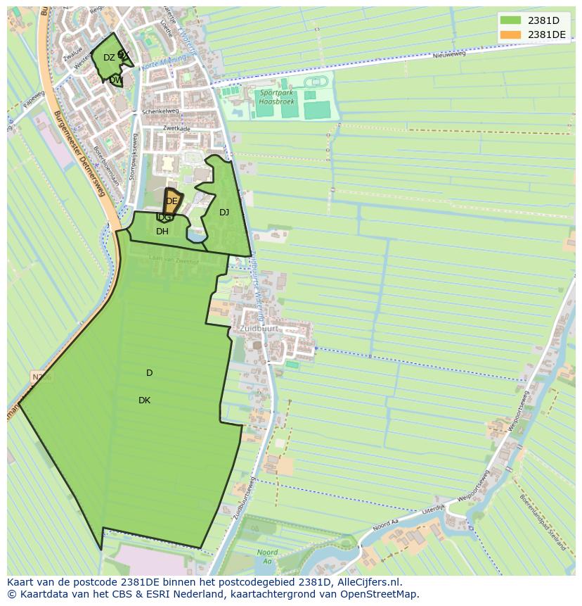 Afbeelding van het postcodegebied 2381 DE op de kaart.