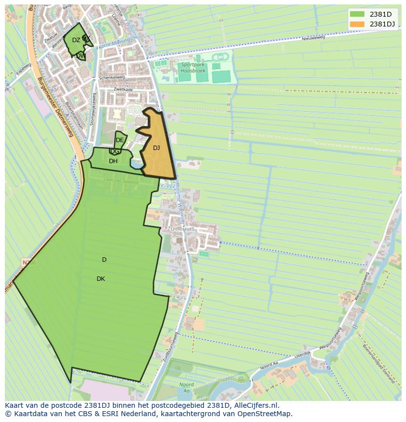 Afbeelding van het postcodegebied 2381 DJ op de kaart.