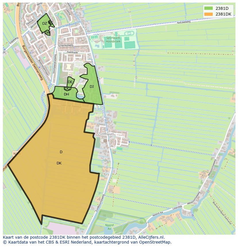 Afbeelding van het postcodegebied 2381 DK op de kaart.