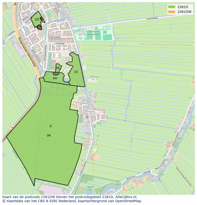 Afbeelding van het postcodegebied 2381 DW op de kaart.