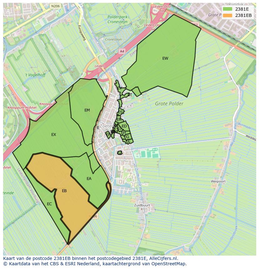 Afbeelding van het postcodegebied 2381 EB op de kaart.