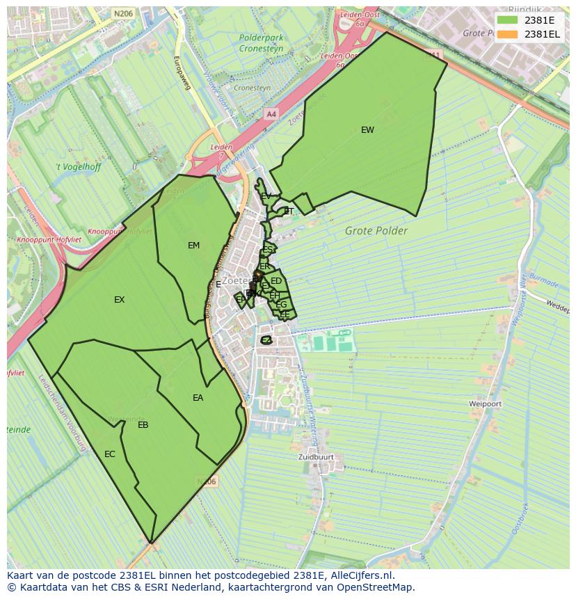 Afbeelding van het postcodegebied 2381 EL op de kaart.