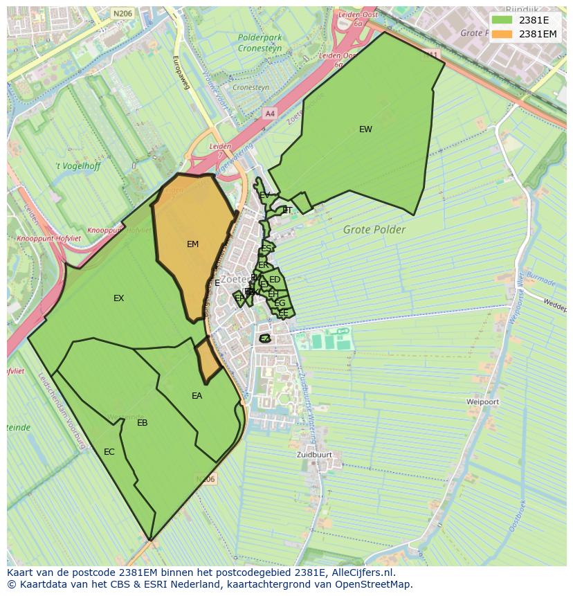 Afbeelding van het postcodegebied 2381 EM op de kaart.