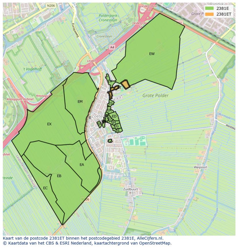 Afbeelding van het postcodegebied 2381 ET op de kaart.