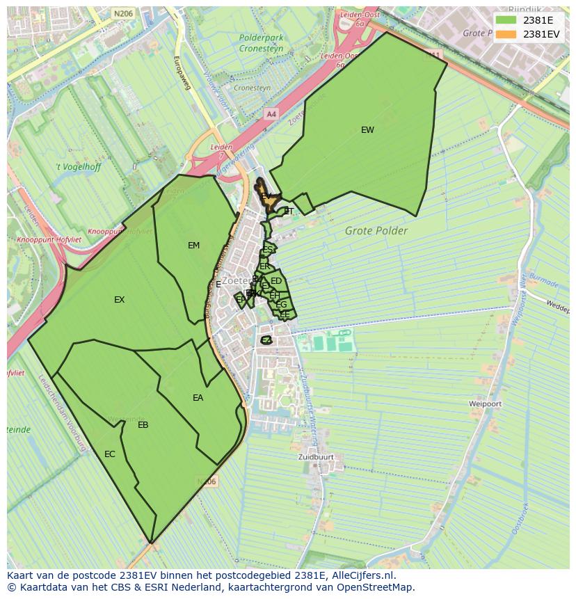 Afbeelding van het postcodegebied 2381 EV op de kaart.