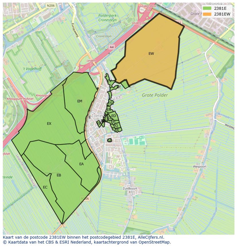 Afbeelding van het postcodegebied 2381 EW op de kaart.