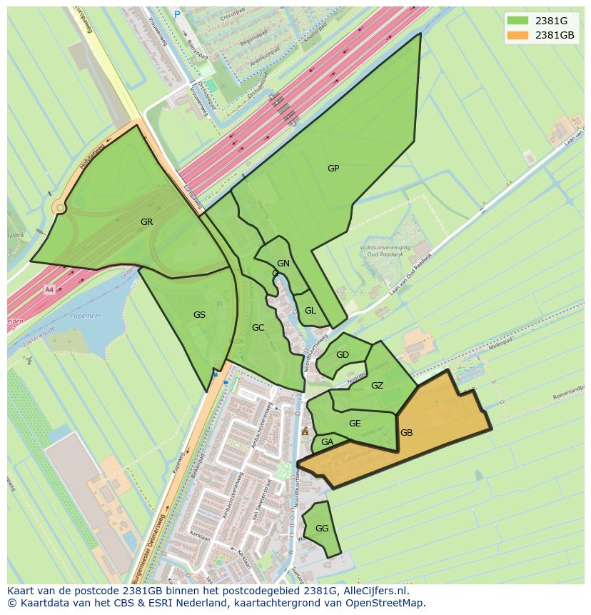 Afbeelding van het postcodegebied 2381 GB op de kaart.