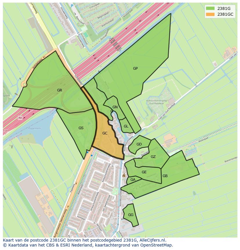 Afbeelding van het postcodegebied 2381 GC op de kaart.