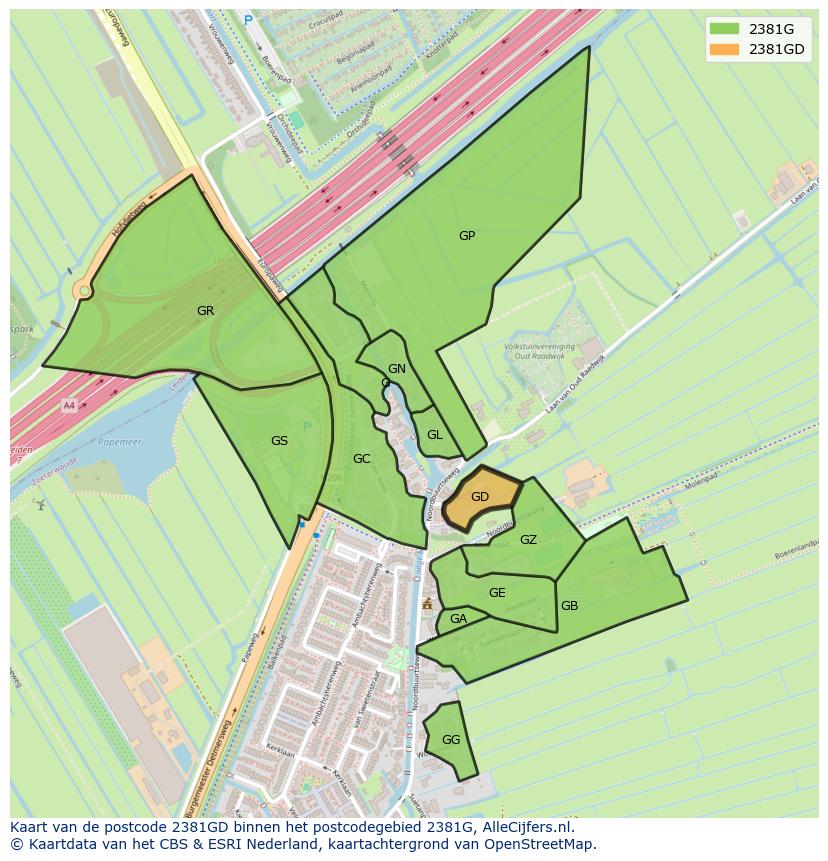 Afbeelding van het postcodegebied 2381 GD op de kaart.