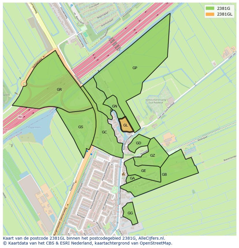 Afbeelding van het postcodegebied 2381 GL op de kaart.