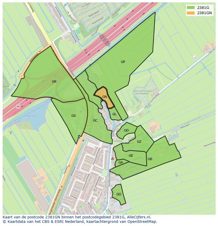 Afbeelding van het postcodegebied 2381 GN op de kaart.