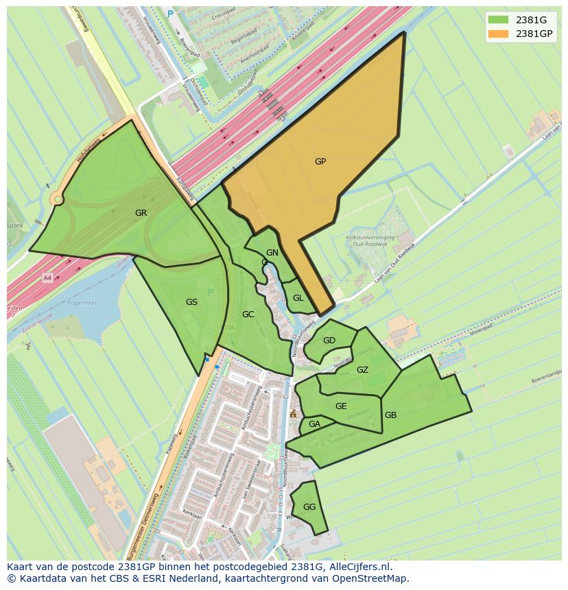 Afbeelding van het postcodegebied 2381 GP op de kaart.
