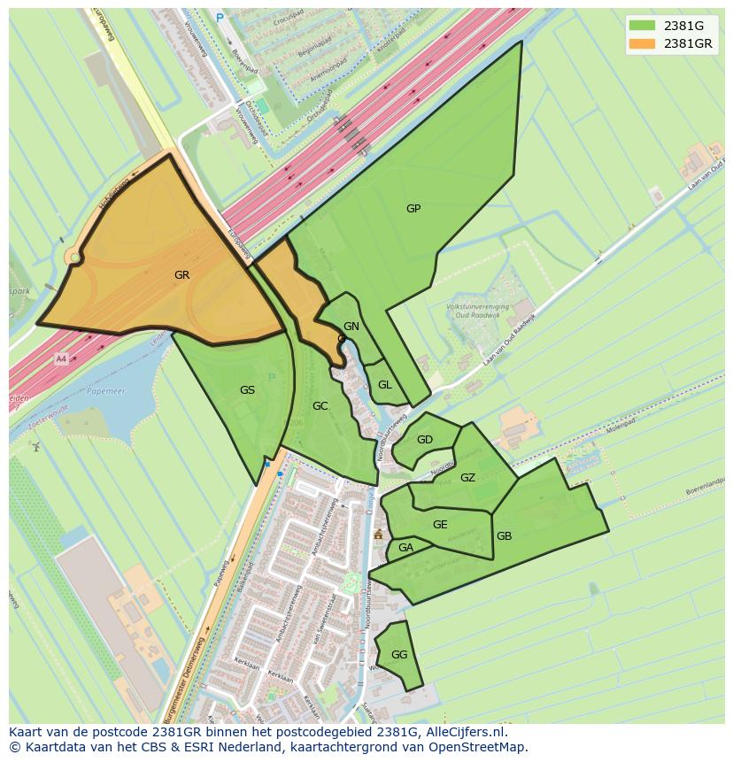 Afbeelding van het postcodegebied 2381 GR op de kaart.