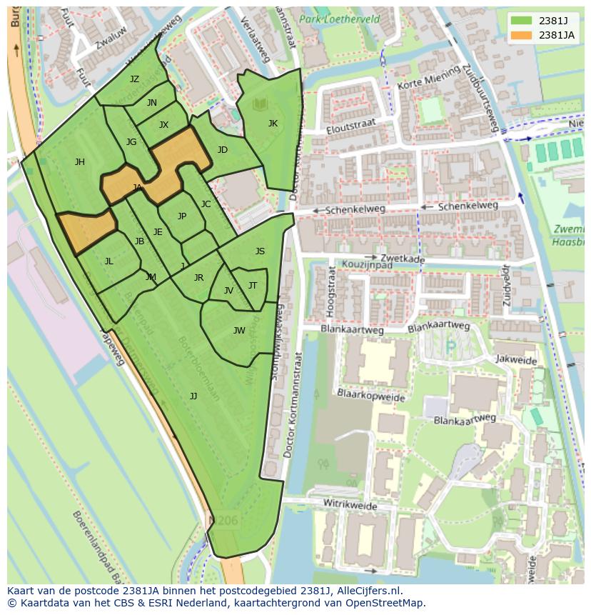 Afbeelding van het postcodegebied 2381 JA op de kaart.