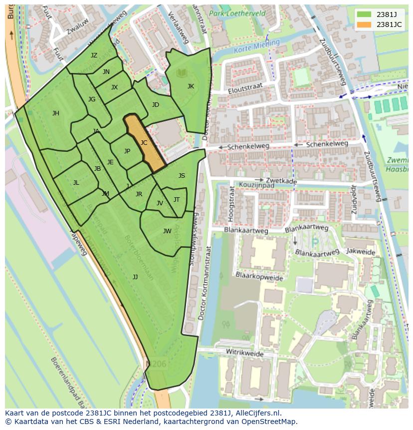 Afbeelding van het postcodegebied 2381 JC op de kaart.