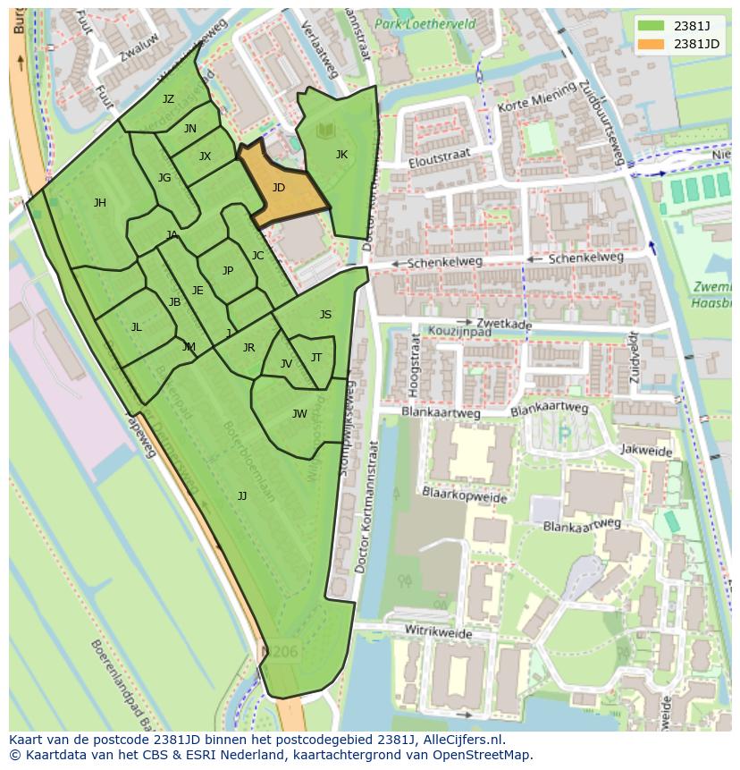 Afbeelding van het postcodegebied 2381 JD op de kaart.