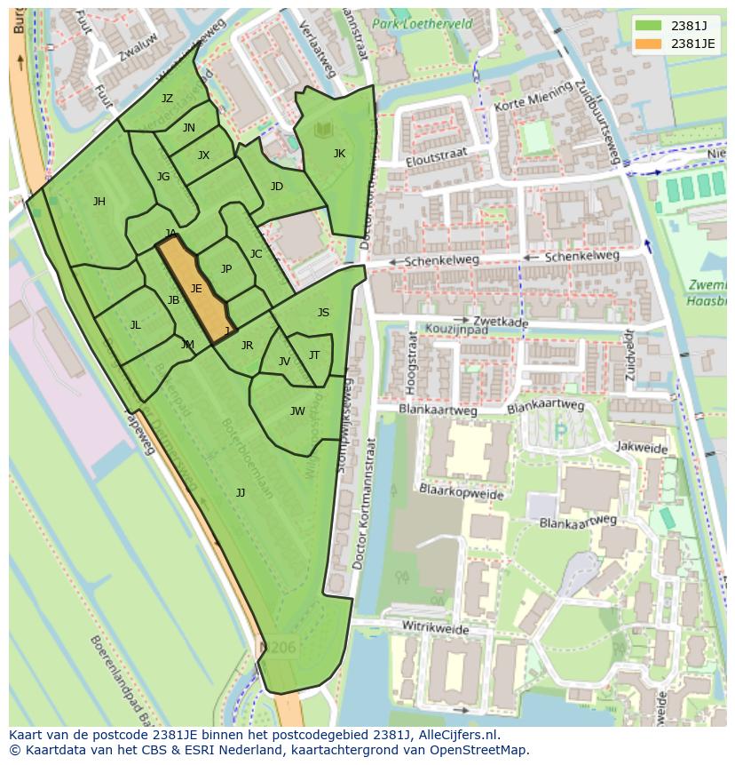 Afbeelding van het postcodegebied 2381 JE op de kaart.