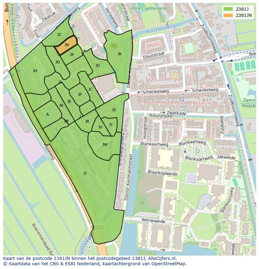 Afbeelding van het postcodegebied 2381 JN op de kaart.
