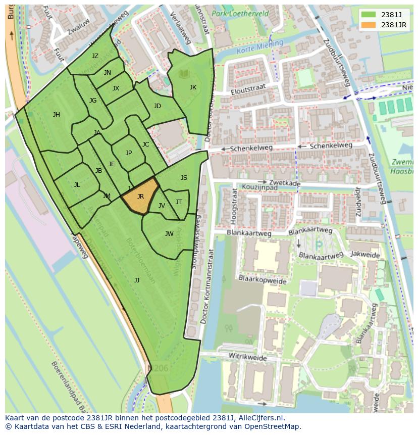 Afbeelding van het postcodegebied 2381 JR op de kaart.