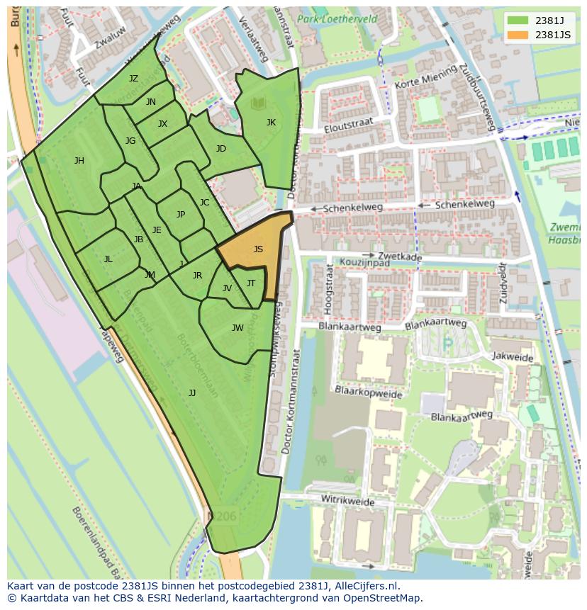 Afbeelding van het postcodegebied 2381 JS op de kaart.