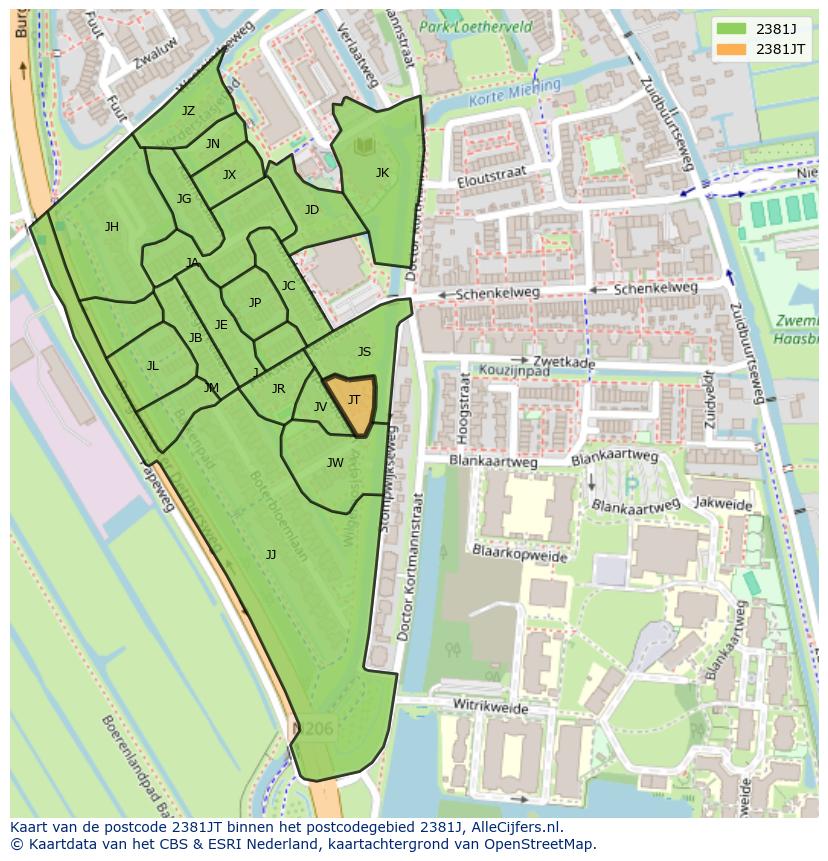 Afbeelding van het postcodegebied 2381 JT op de kaart.