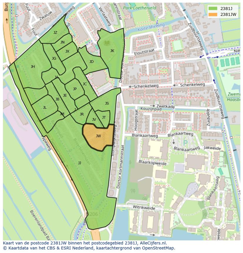 Afbeelding van het postcodegebied 2381 JW op de kaart.