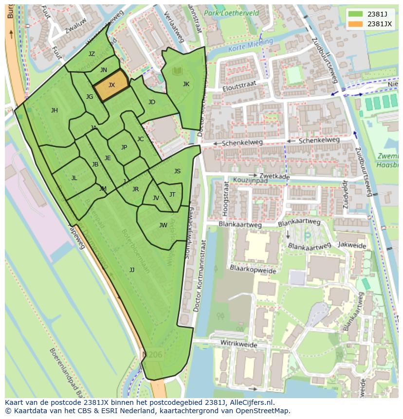 Afbeelding van het postcodegebied 2381 JX op de kaart.