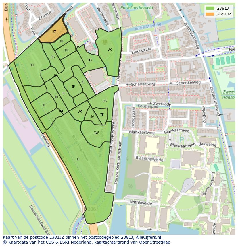 Afbeelding van het postcodegebied 2381 JZ op de kaart.