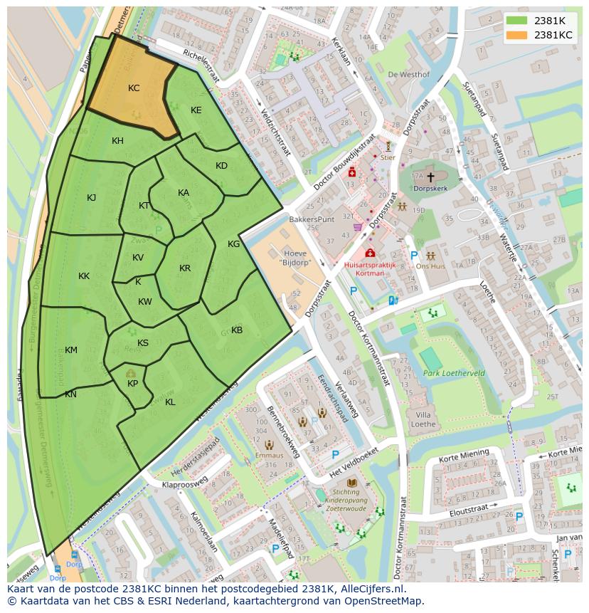 Afbeelding van het postcodegebied 2381 KC op de kaart.