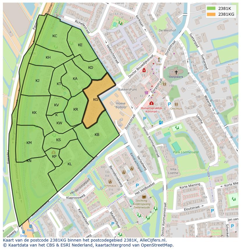Afbeelding van het postcodegebied 2381 KG op de kaart.